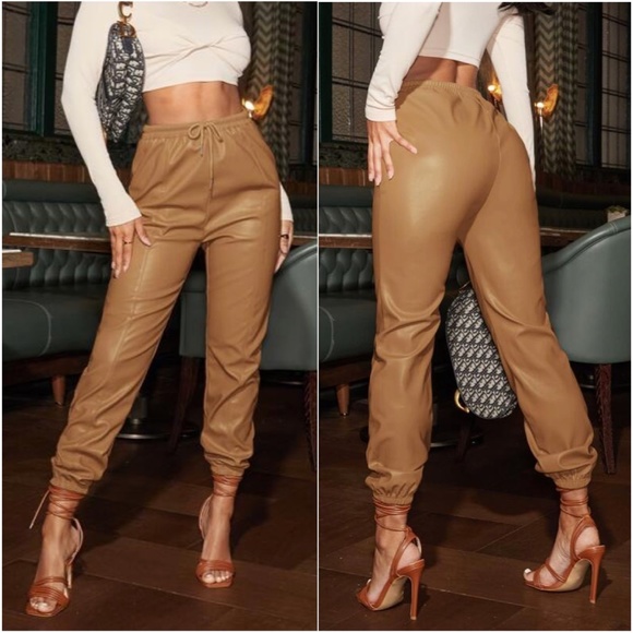Camel Tan Vegan leather Jogger Lounge Pants Shabby Chic - Picture 2 of 7